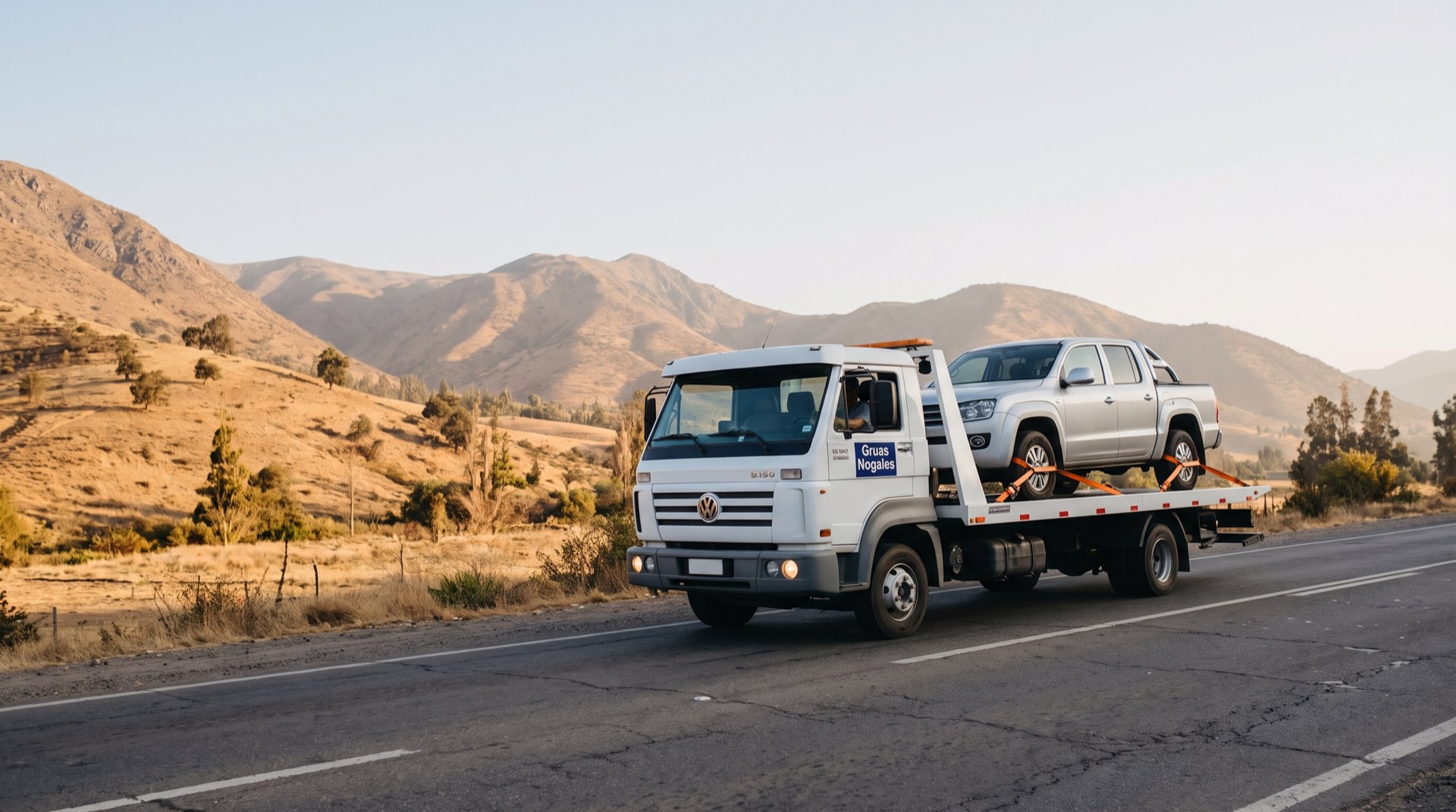 Grúa plataforma transportando una camioneta en una calle de la Región de Valparaíso